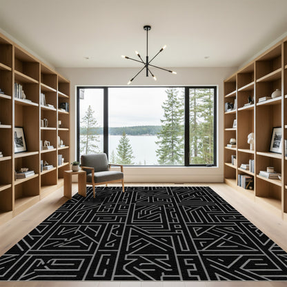 Dark Gray Geometric Maze Design Rug