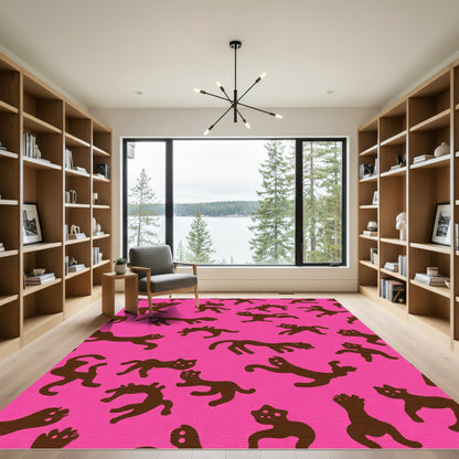 Playful Brown Cats Pink Background Rug