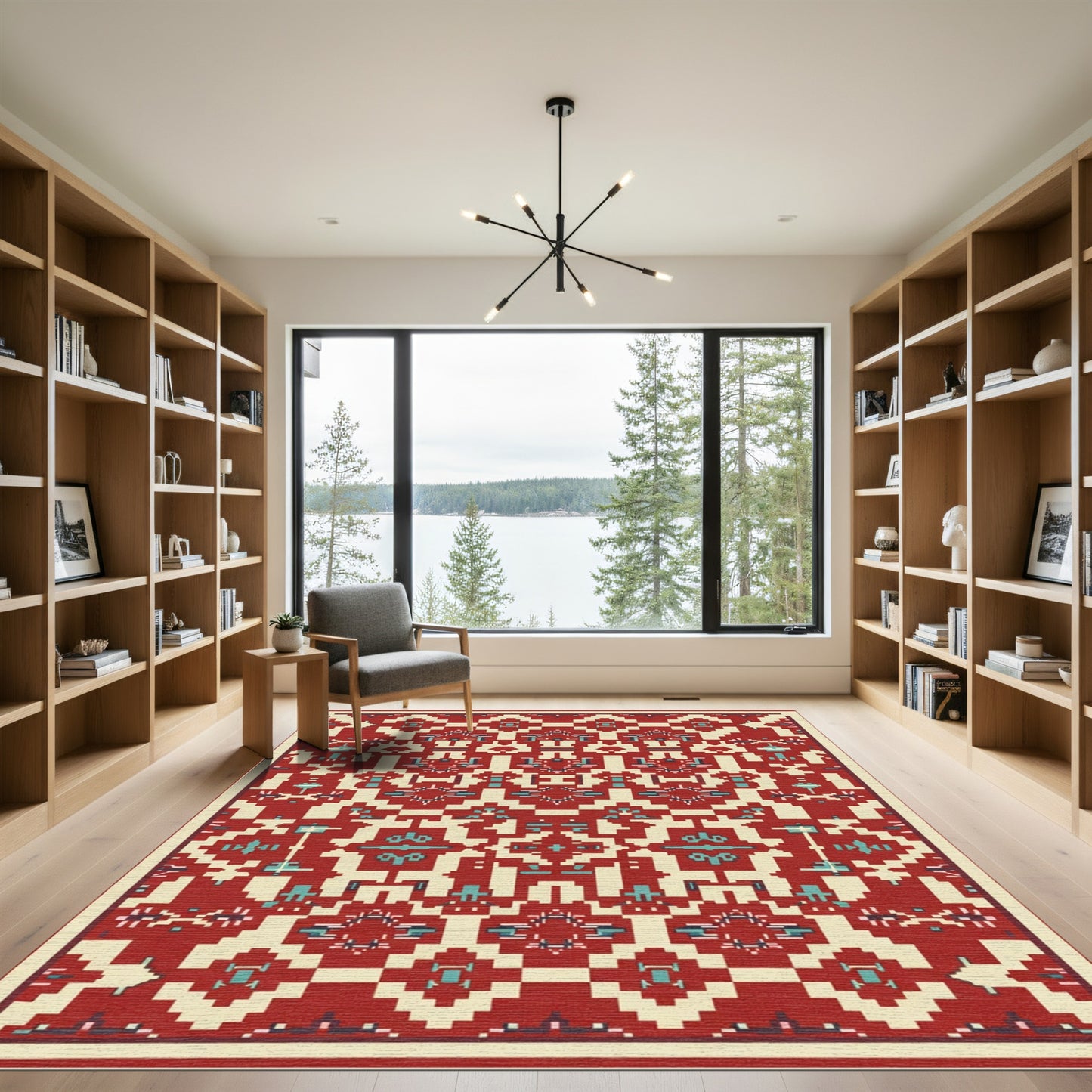 Folk Red Teal Geometric Square Medallion Rug