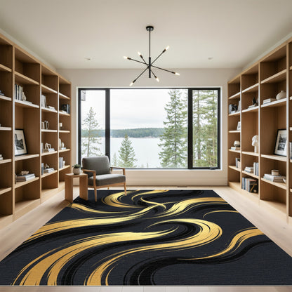 Elegant Gold Black Curving Abstract Waves Rug