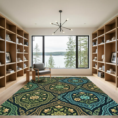Vintage Green Blue Floral Arabesque Rug