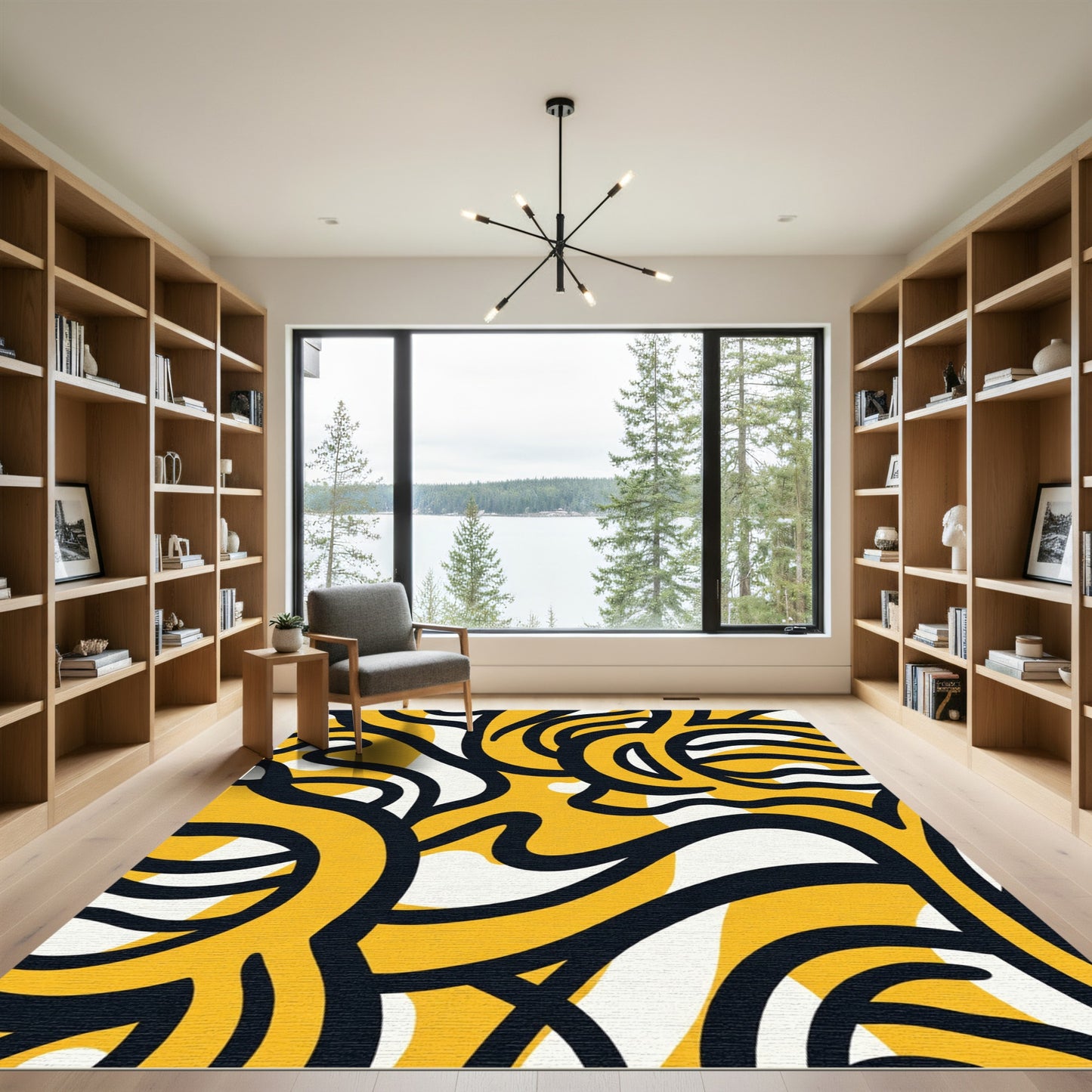 Golden Black Abstract Swirl Rug