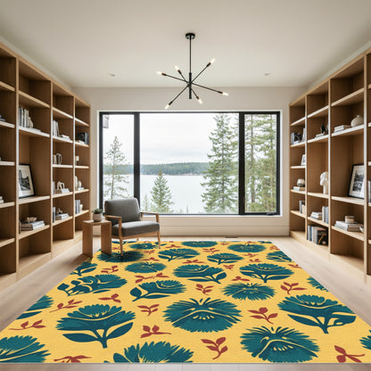 Teal Floral Arrangement Yellow Background Rug