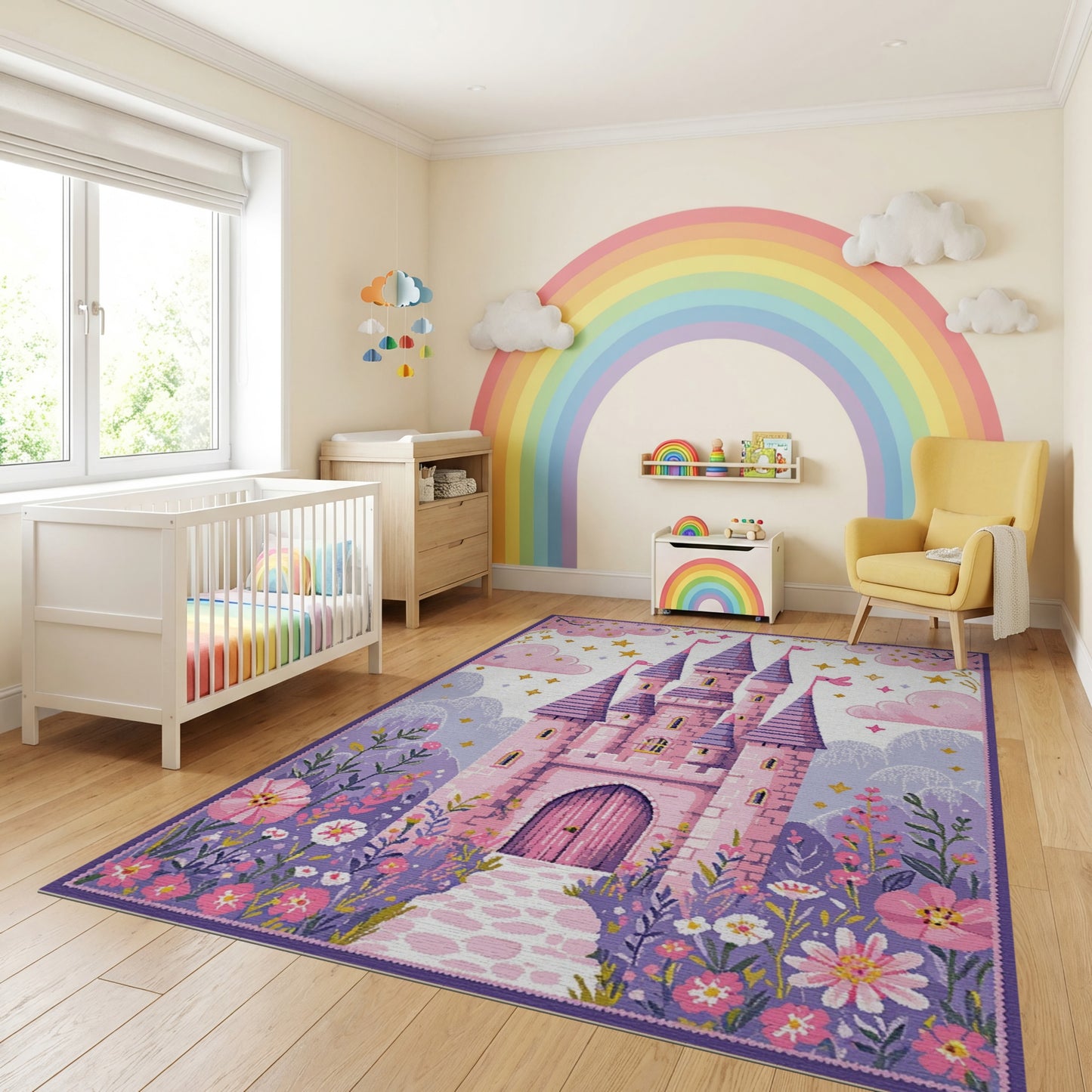 Whimsical Pink Purple Castle Floral Rug