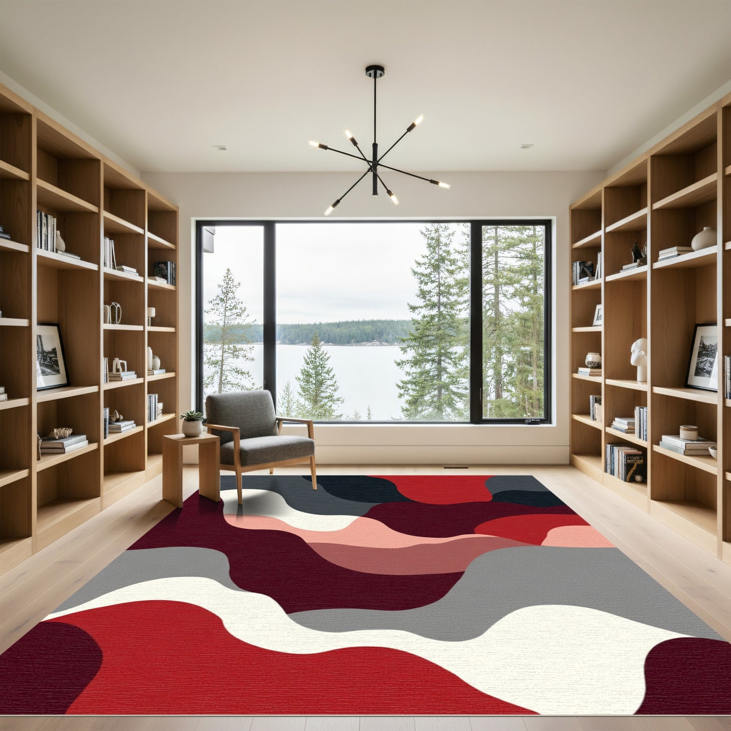 Abstract Crimson Gray Wavy Layers Rug