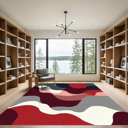 Abstract Crimson Gray Wavy Layers Rug