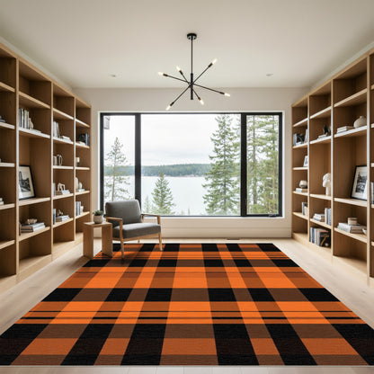Rustic Orange Black Plaid Checkered Rug