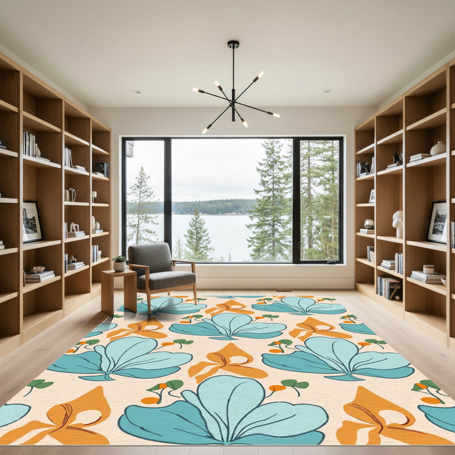 Serene Teal Orange Blossom Accents Rug