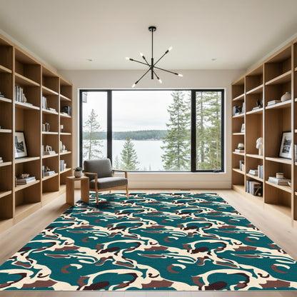Teal Abstract Organic Camouflage Rug