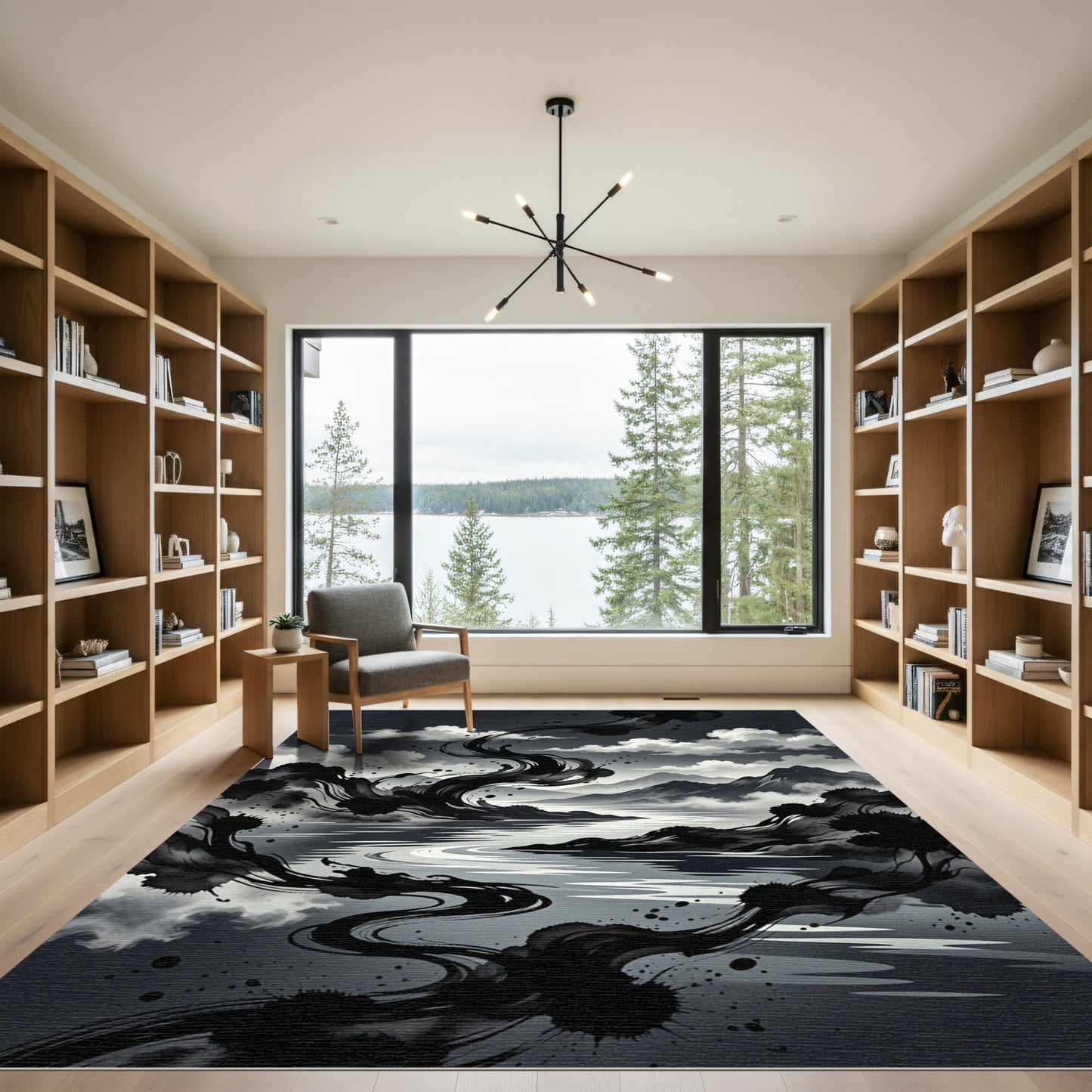 Monochromatic Ink Wash Landscape Swirls Rug