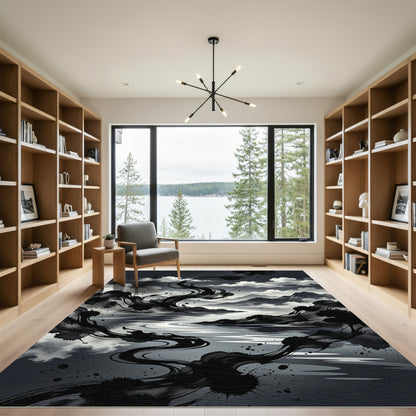 Monochromatic Ink Wash Landscape Swirls Rug