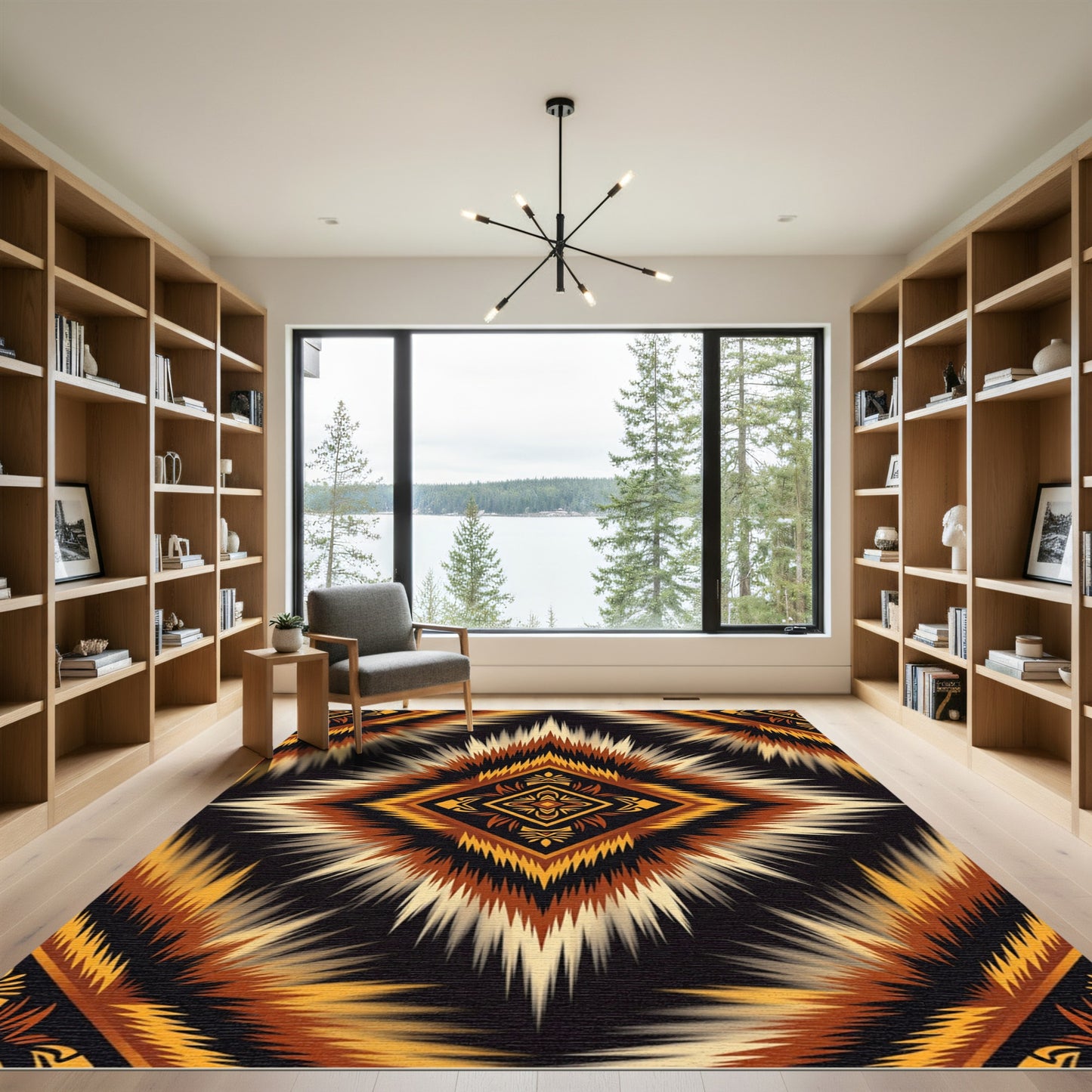 Earthy Amber Geometric Sunburst Medallion Rug