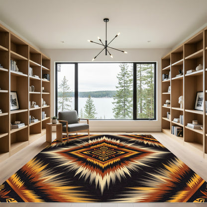 Earthy Amber Geometric Sunburst Medallion Rug