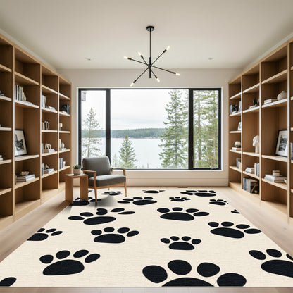 Black Paw Prints Cream Background Rug