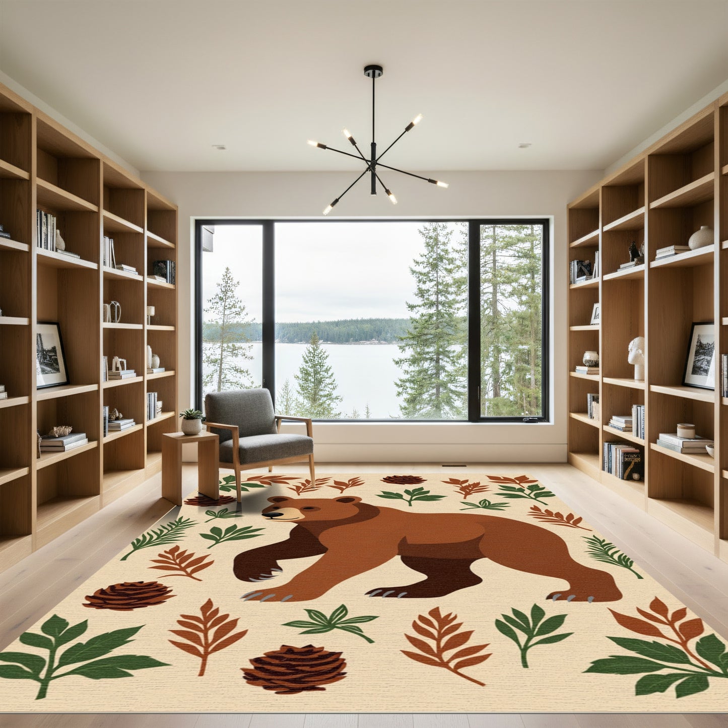 Forest Bear Pinecone Foliage Arrangement Rug