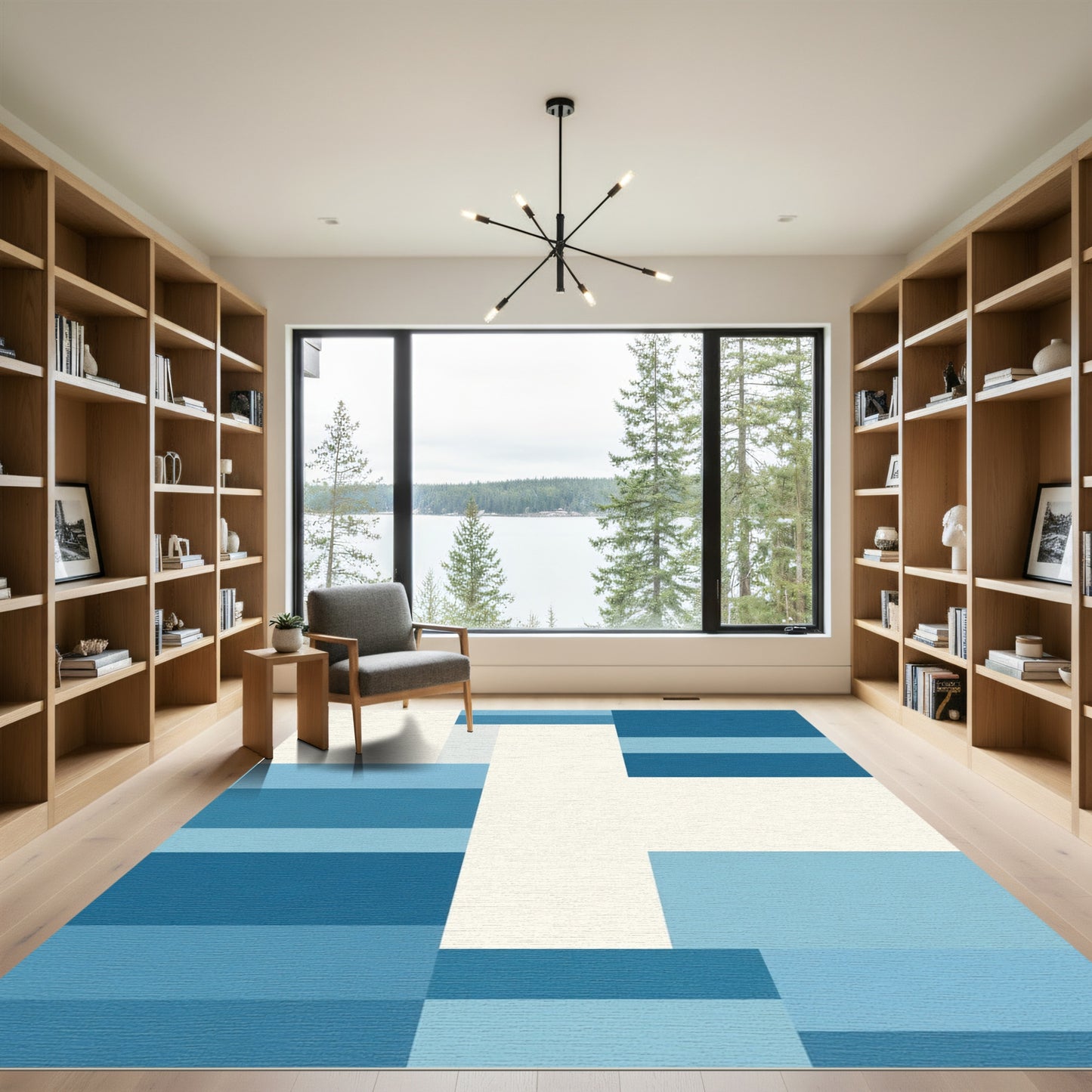 Abstract Blue and Cream Geometric Blocks Rug
