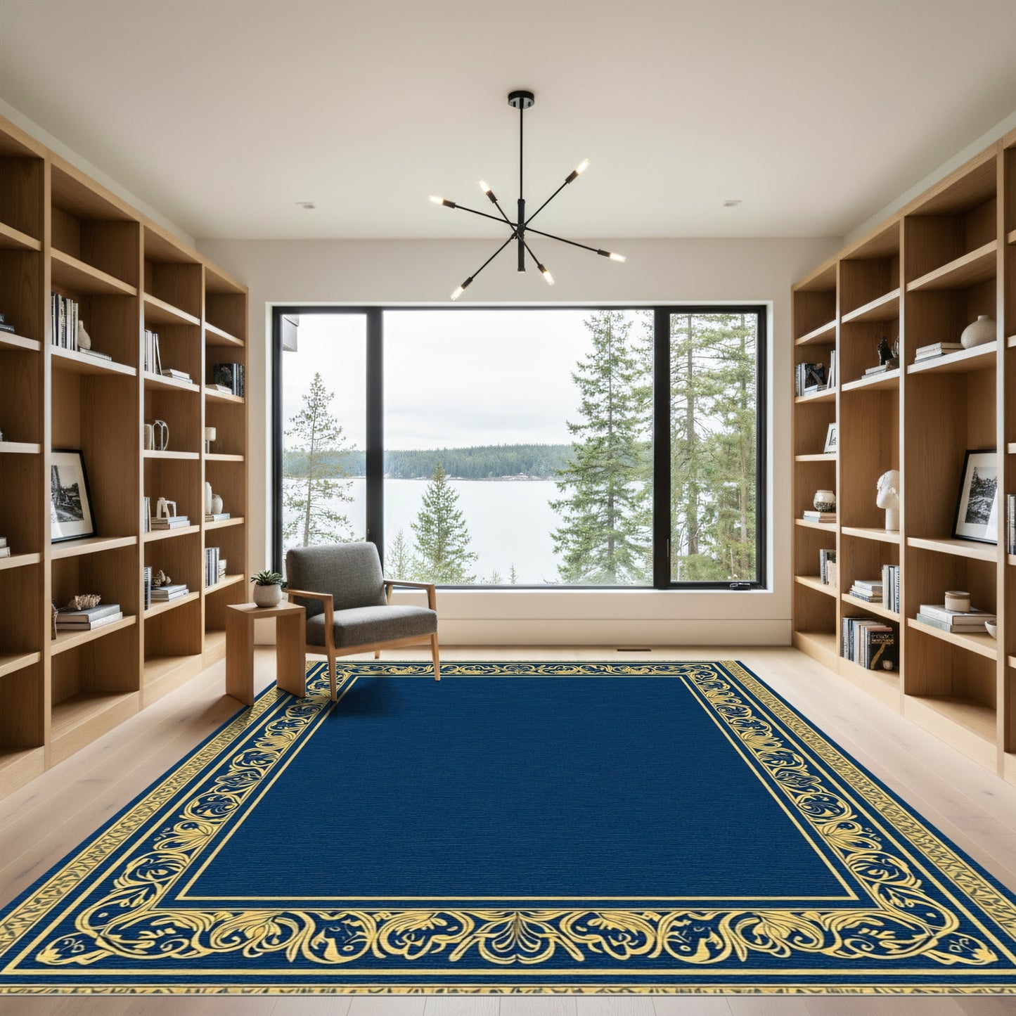 Majestic Blue Gold Floral Frame Rug
