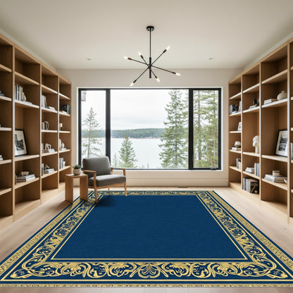 Majestic Blue Gold Floral Frame Rug