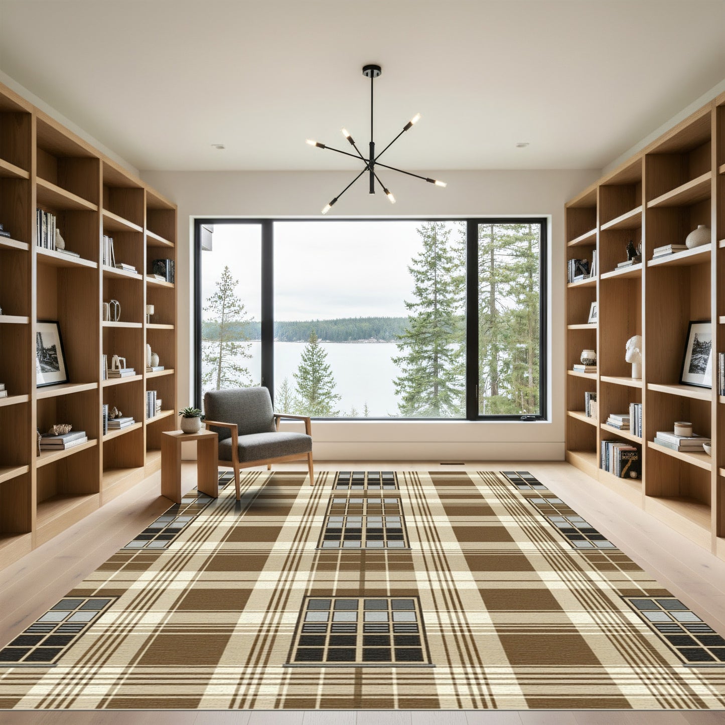 Classic Brown Plaid Window Grid Rug