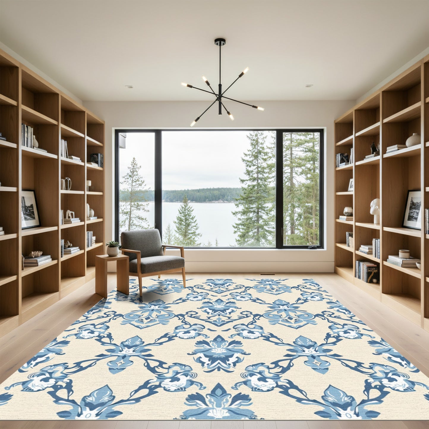 Blue Cream Damask Floral Arrangement Rug