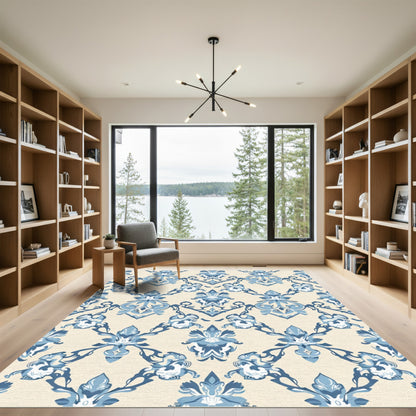 Blue Cream Damask Floral Arrangement Rug