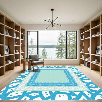 Aqua Blue Layered Geometric Borders Rug