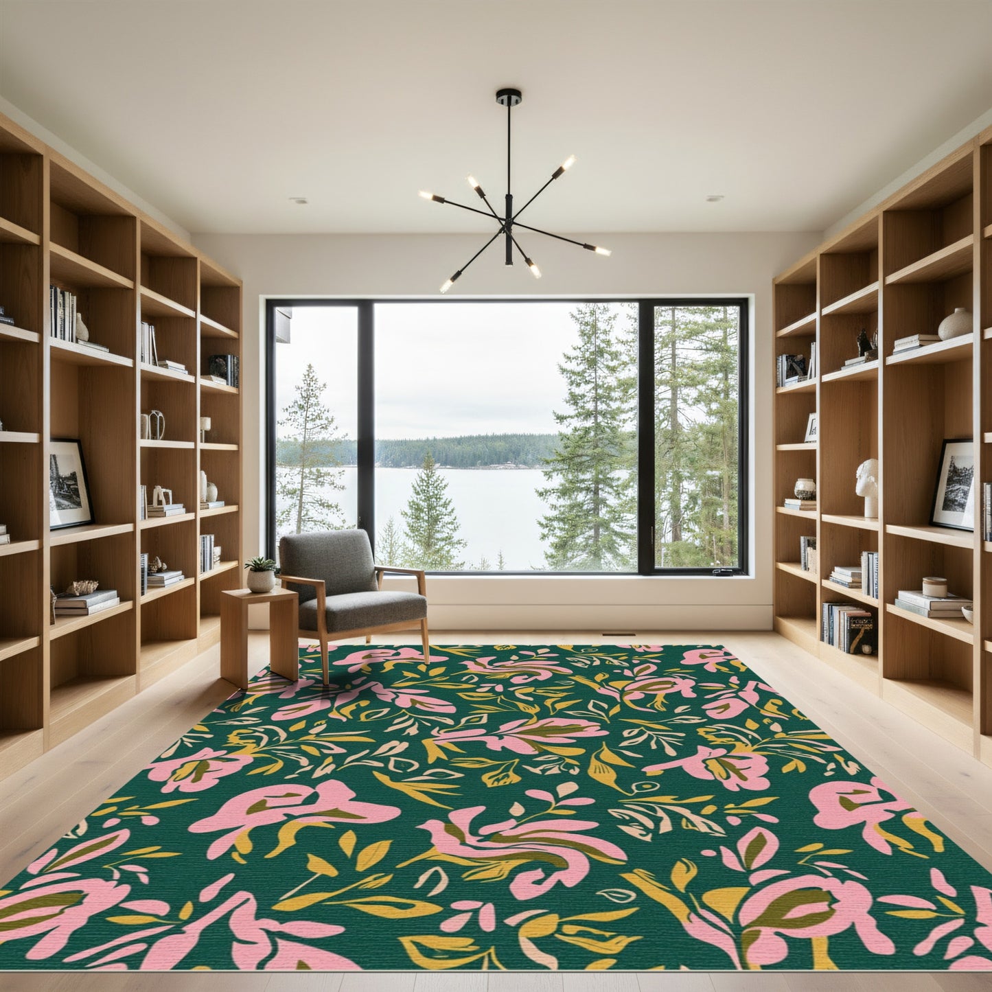 Abstract Pink Floral Fern Foliage Rug