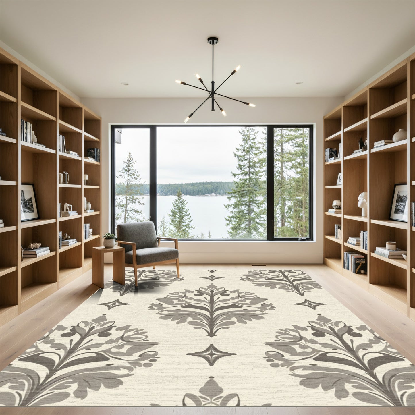 Cream Gray Damask Floral Scroll Rug