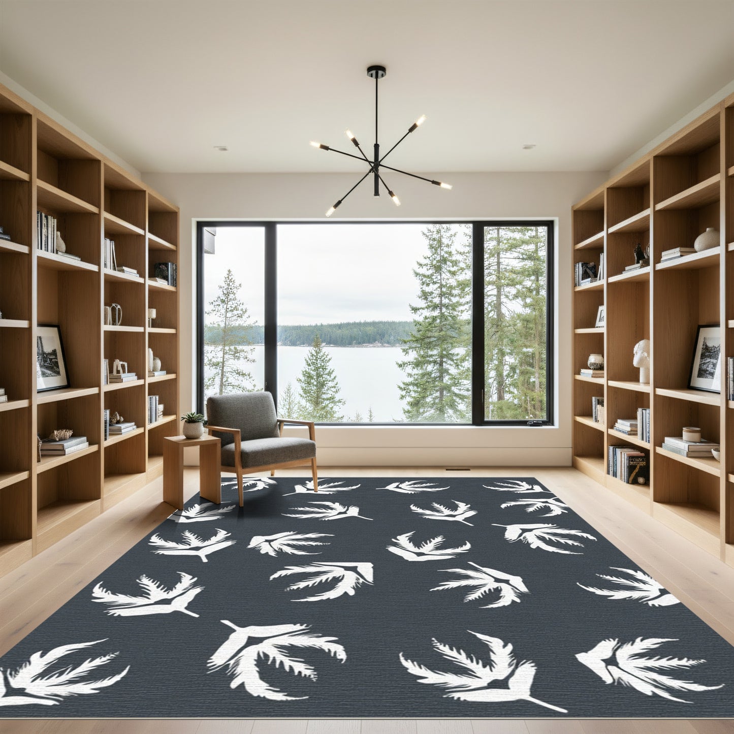 White Frond Fern Pattern Dark Rug