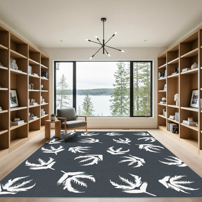 White Frond Fern Pattern Dark Rug