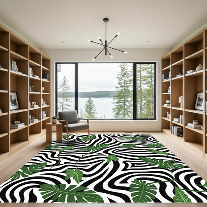 Zebra Stripes Tropical Leaves Rug