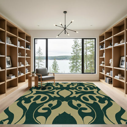 Dark Teal Ochre Abstract Swirl Rug