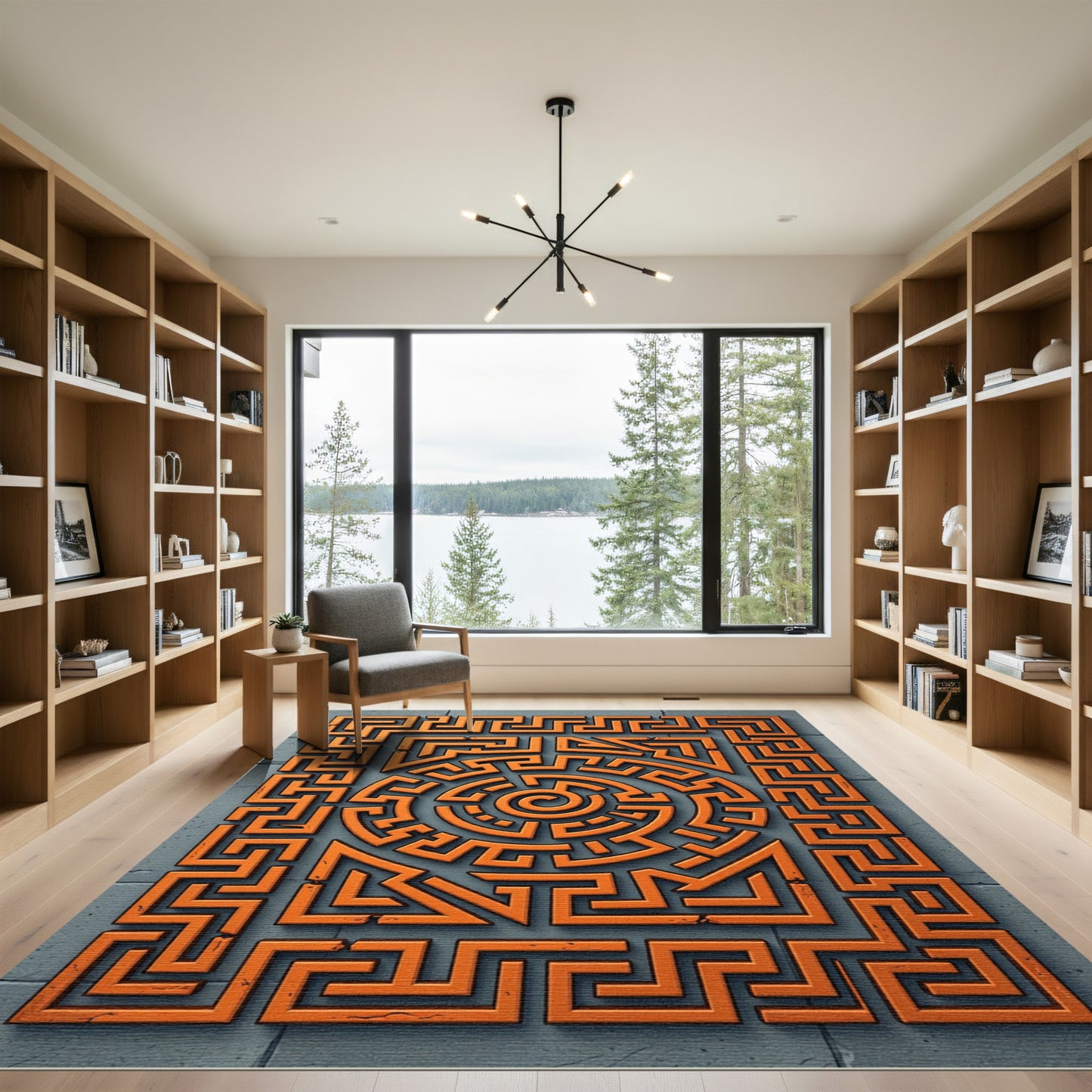 Geometric Burnt Orange Labyrinth Spiral Rug