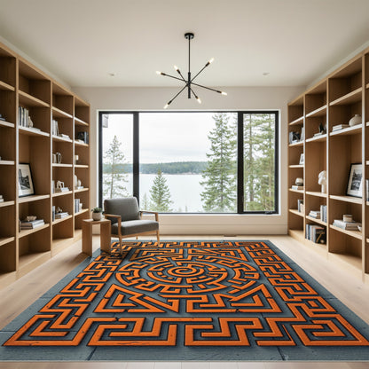 Geometric Burnt Orange Labyrinth Spiral Rug