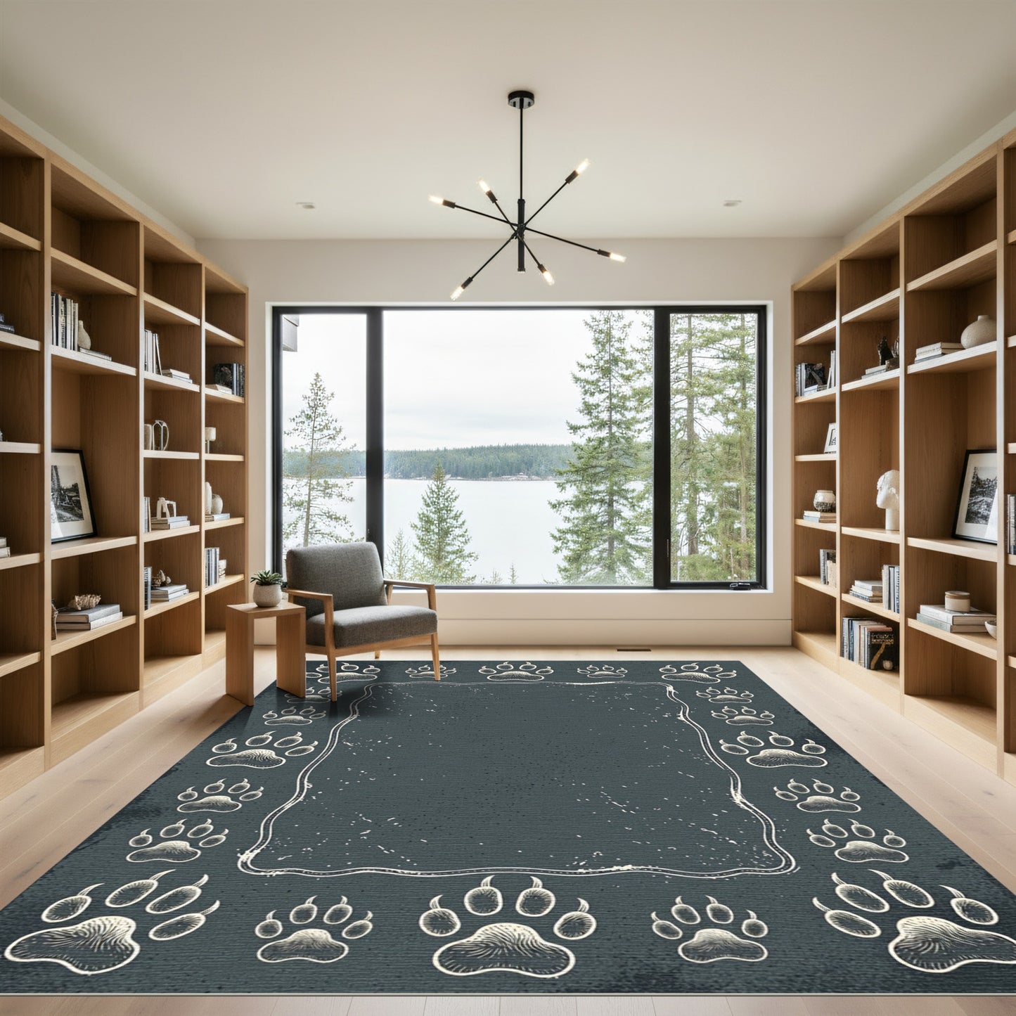 Dark Slate Animal Paw Track Border Rug