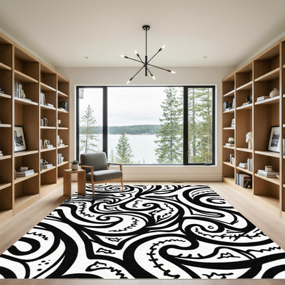 Black White Abstract Swirling Brushstroke Rug