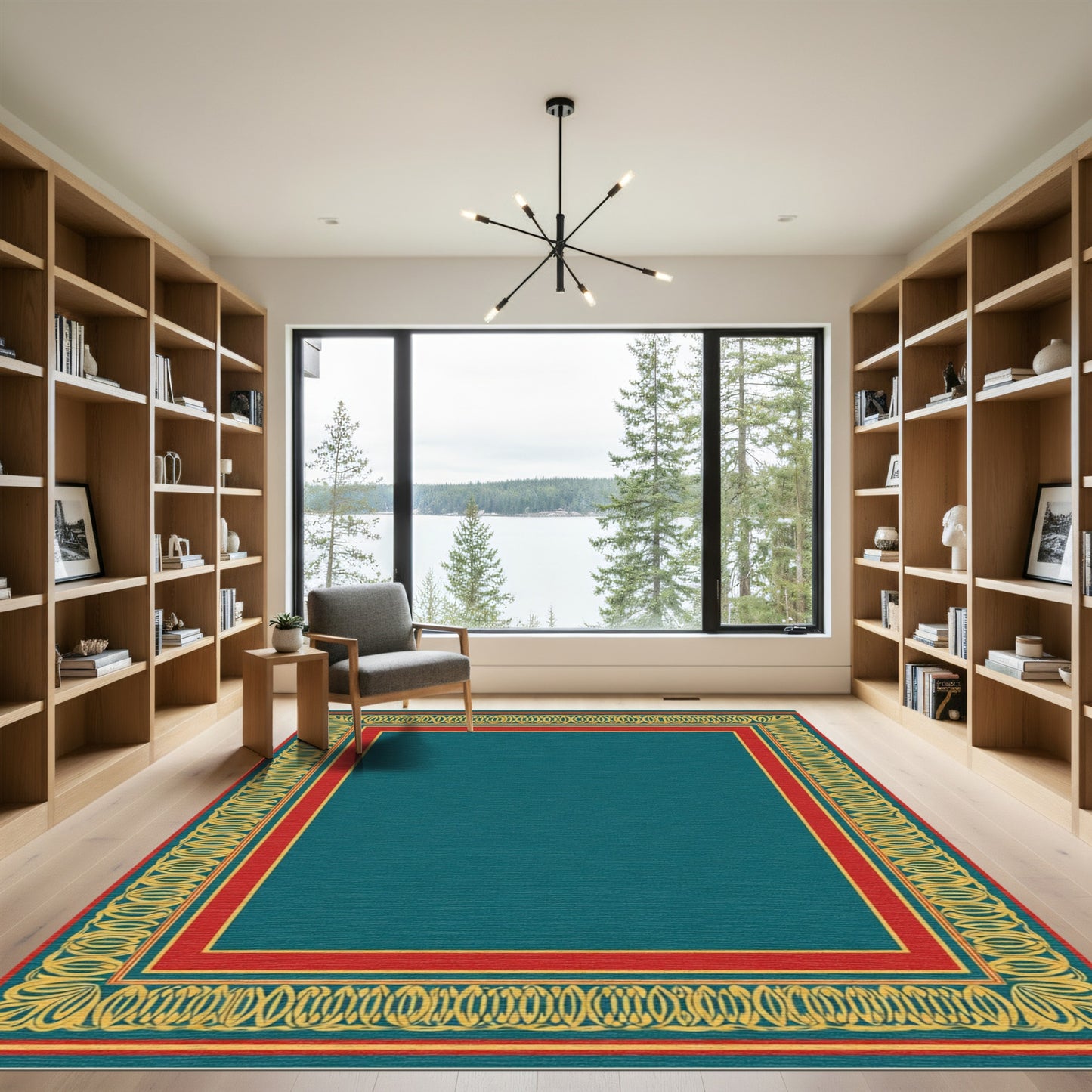 Teal Red Yellow Ornamental Border Rug