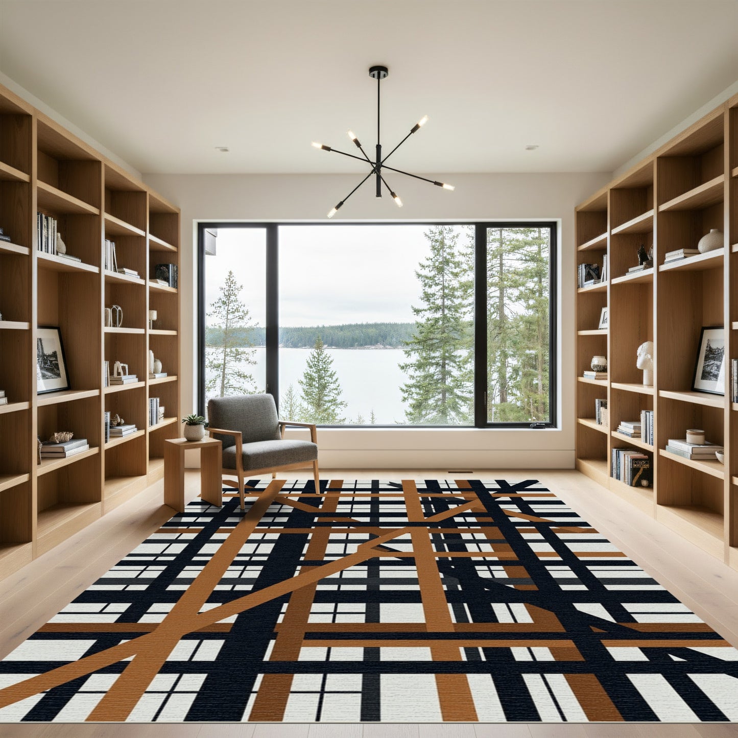 Modern Geometric Black and Sienna Intersecting Lines Rug