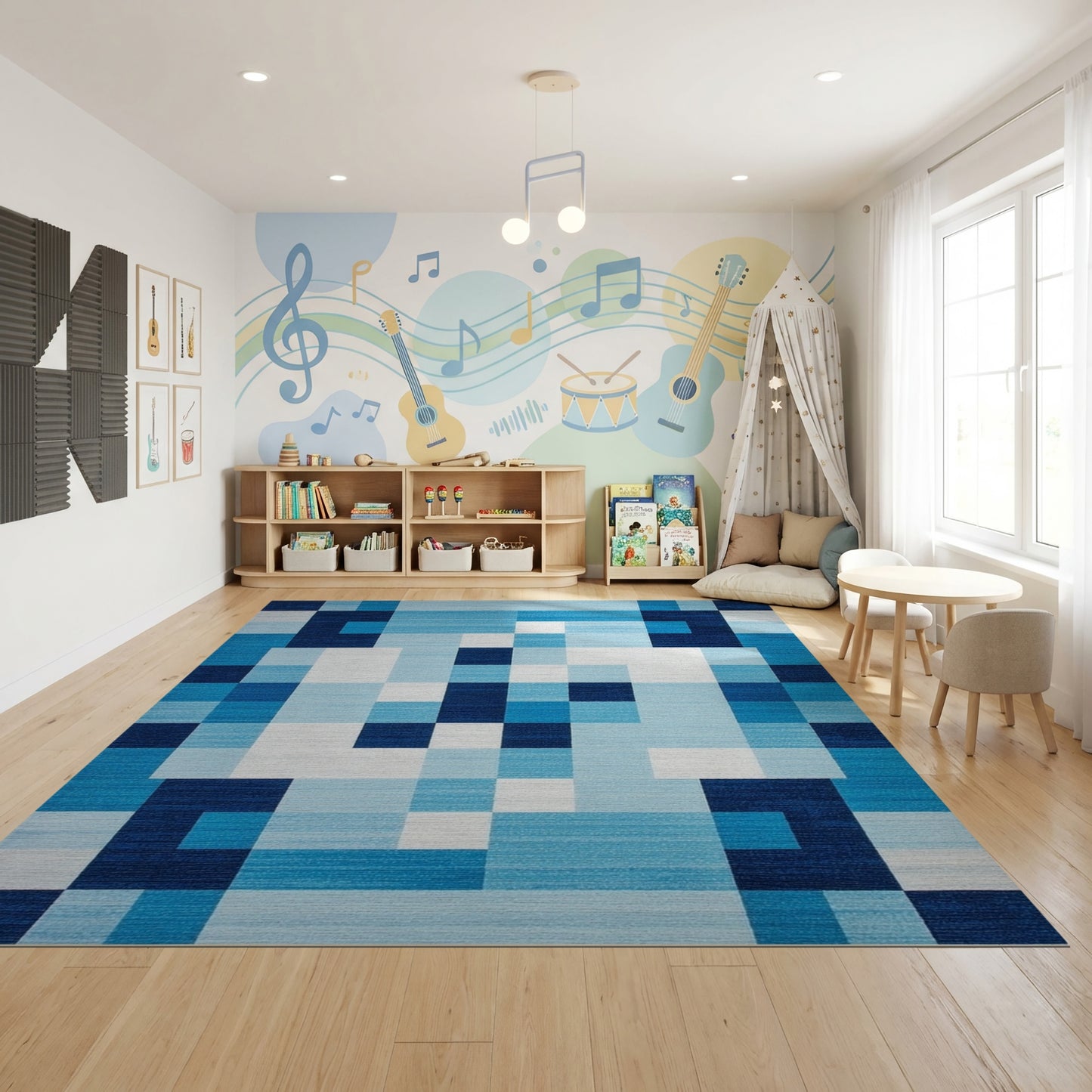 Modern Navy White Geometric Blocks Rug