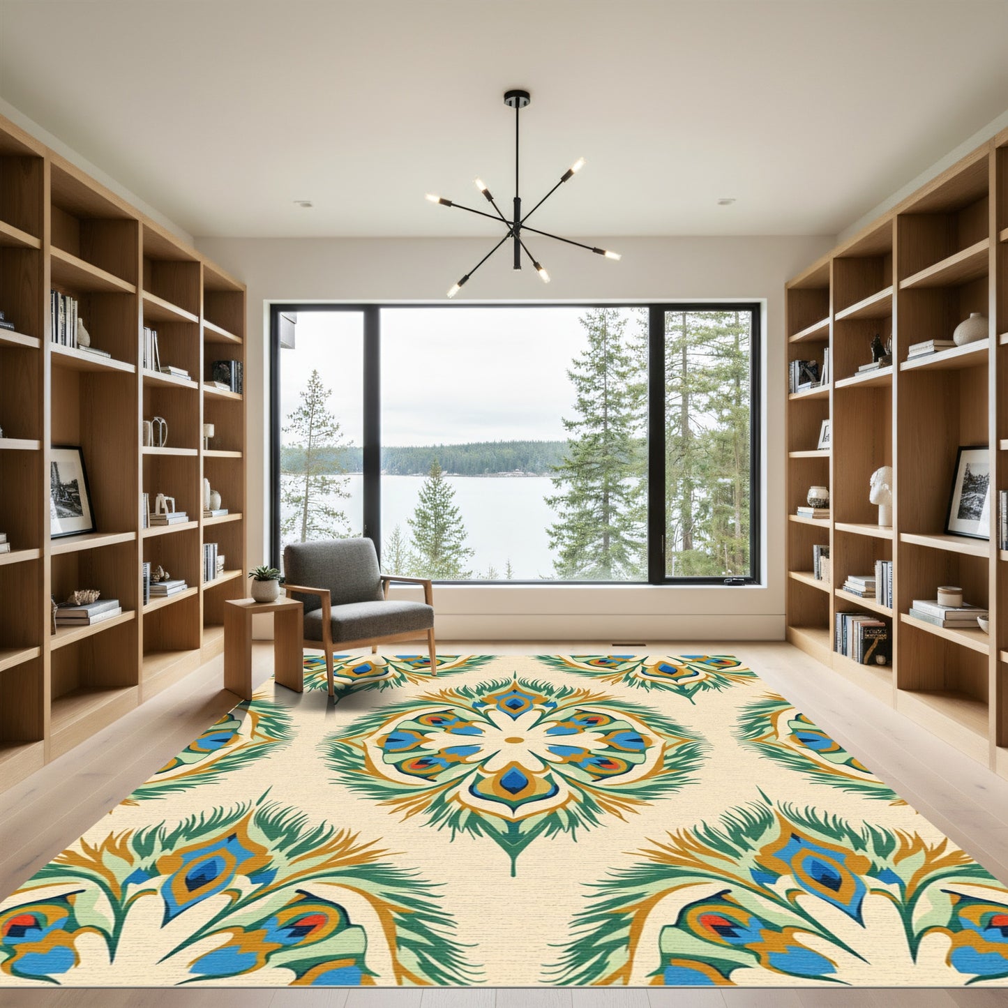 Serene Teal Peacock Feather Medallion Rug
