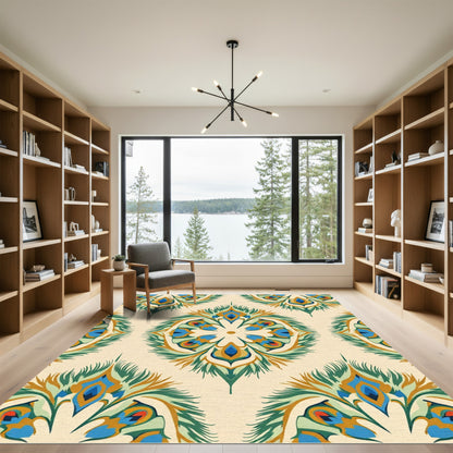 Serene Teal Peacock Feather Medallion Rug