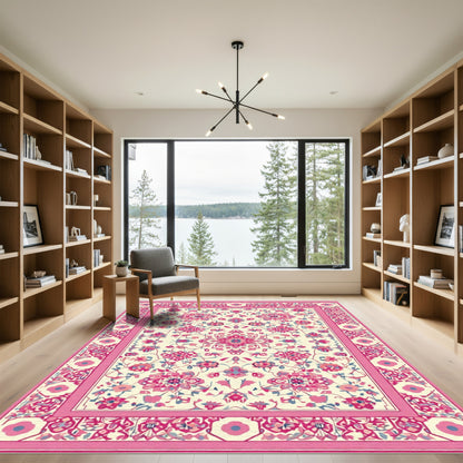 Vibrant Pink Floral Medallion Cream Rug
