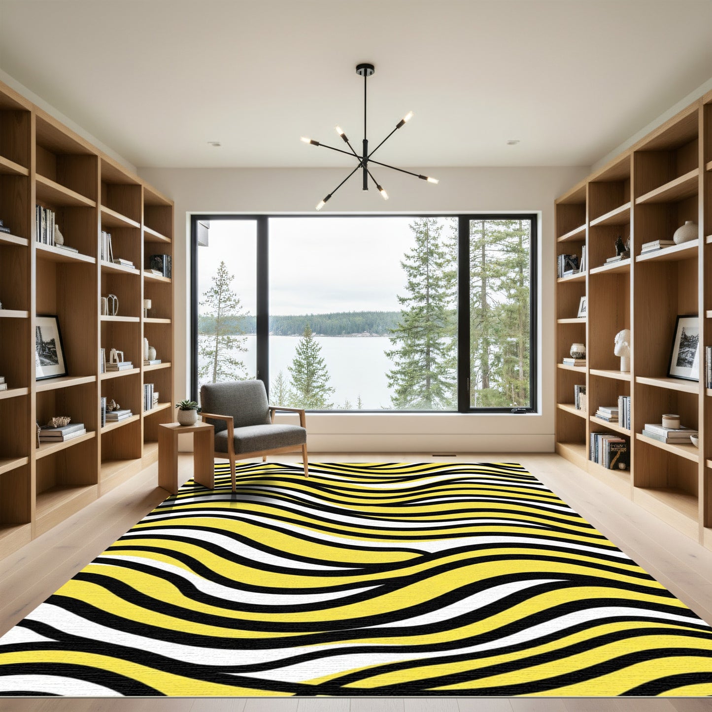 Bold Yellow Black White Wave Abstract Rug