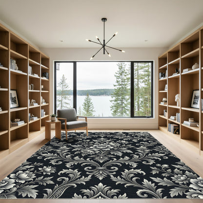 Ornate Black Floral Swirl Accents Rug