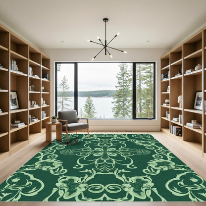 Deep Green Floral Scroll Medallion Rug