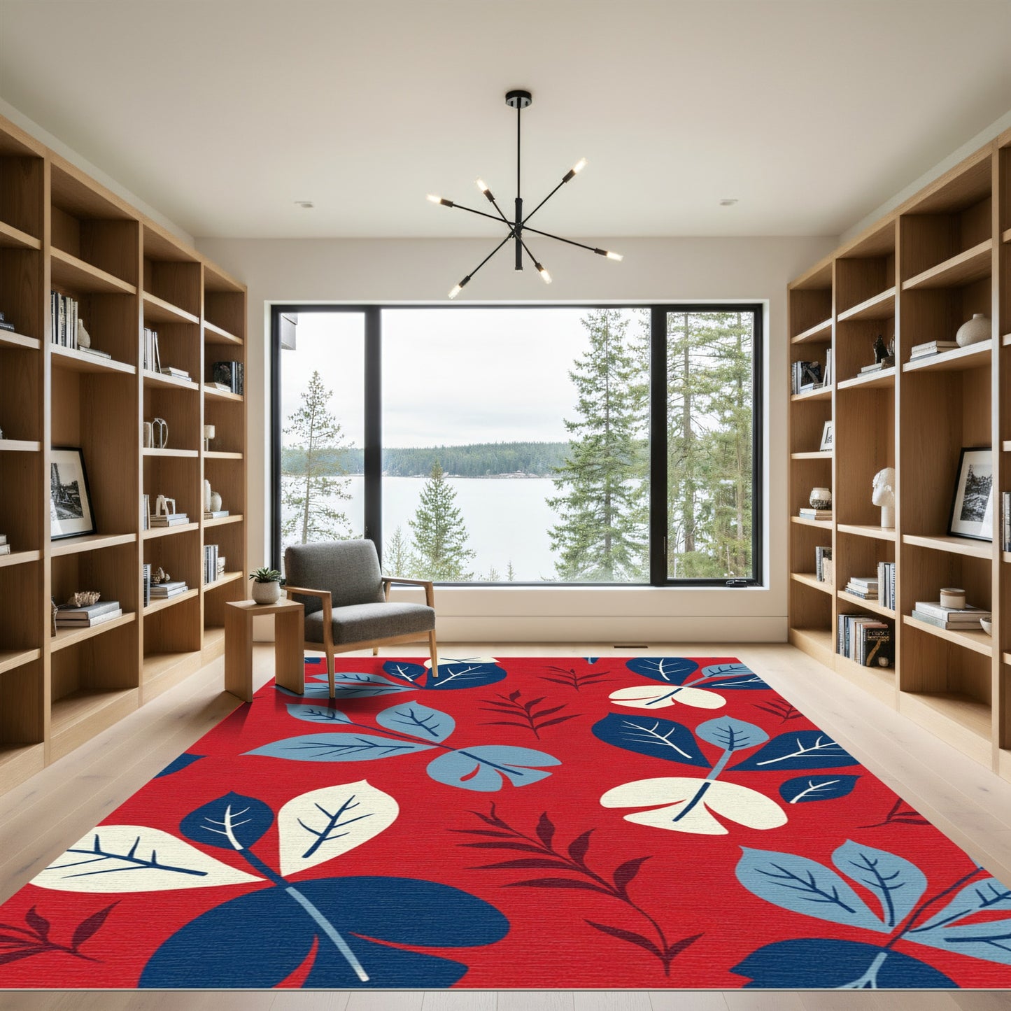 Crimson Red Leafy Branch Arrangement Rug