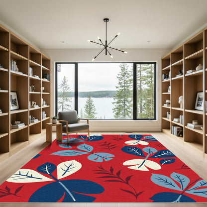 Crimson Red Leafy Branch Arrangement Rug