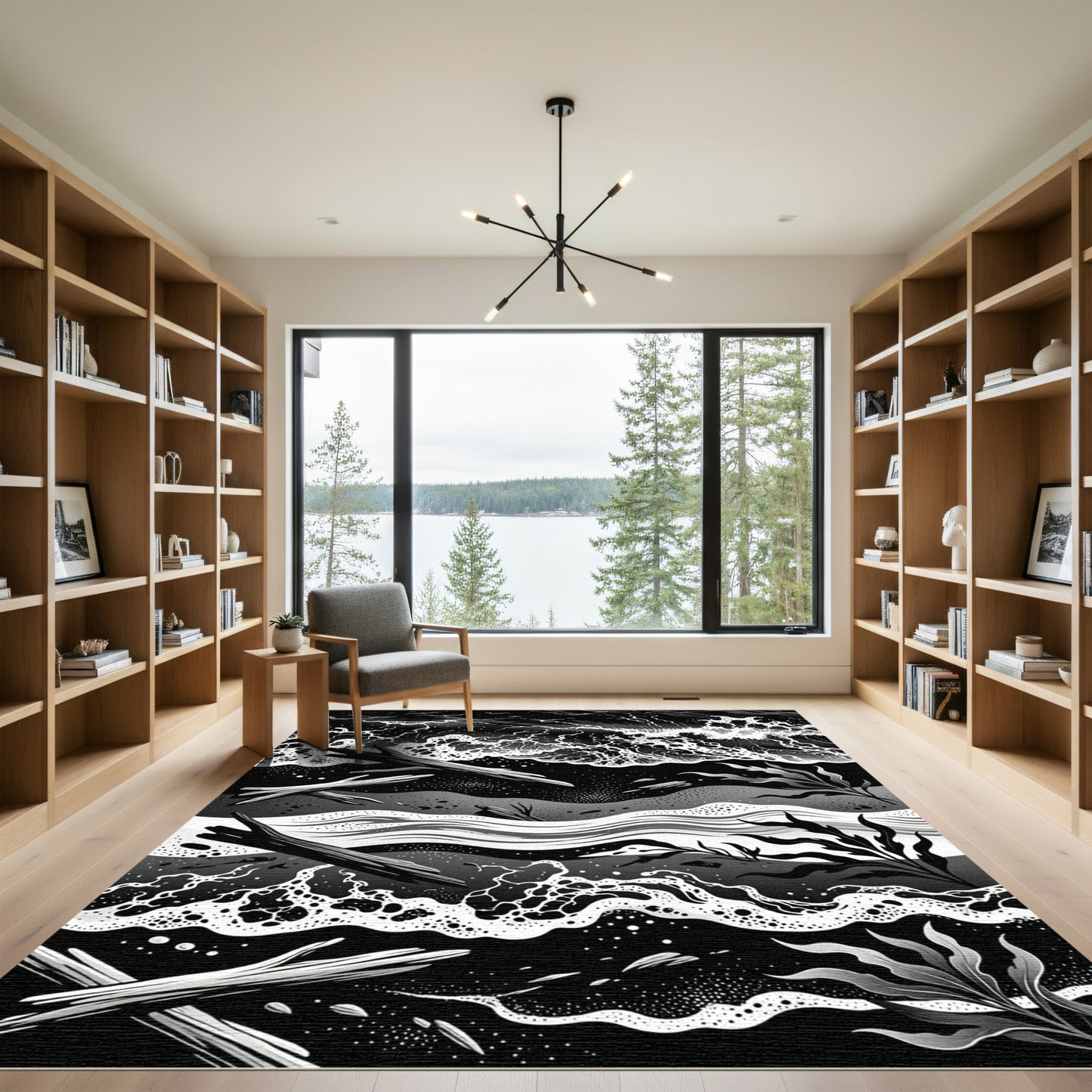 Monochrome Driftwood and Oceanic Wave Art Rug