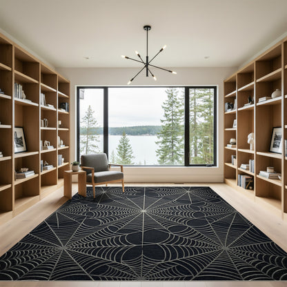 Silver Spiderwebs Dark Background Rug