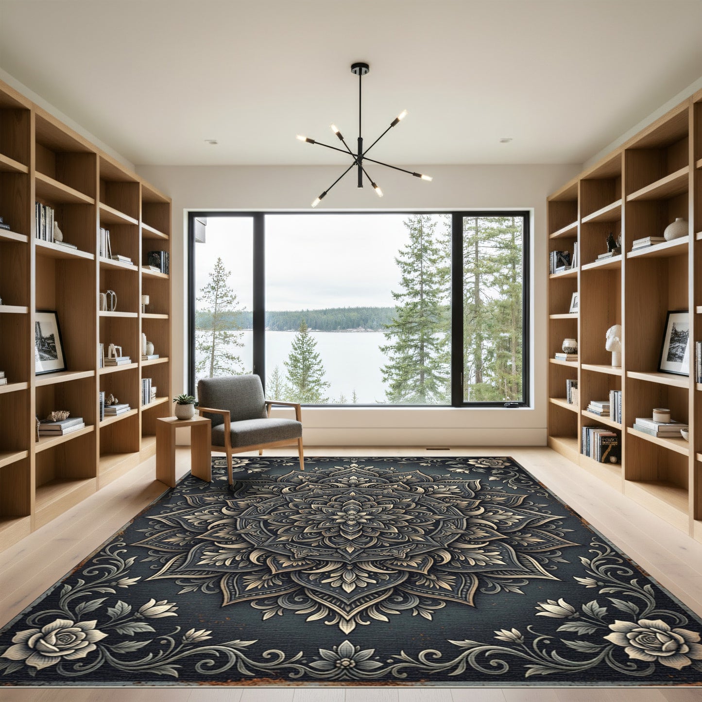 Elegant Charcoal Floral Medallion Acreage Rug